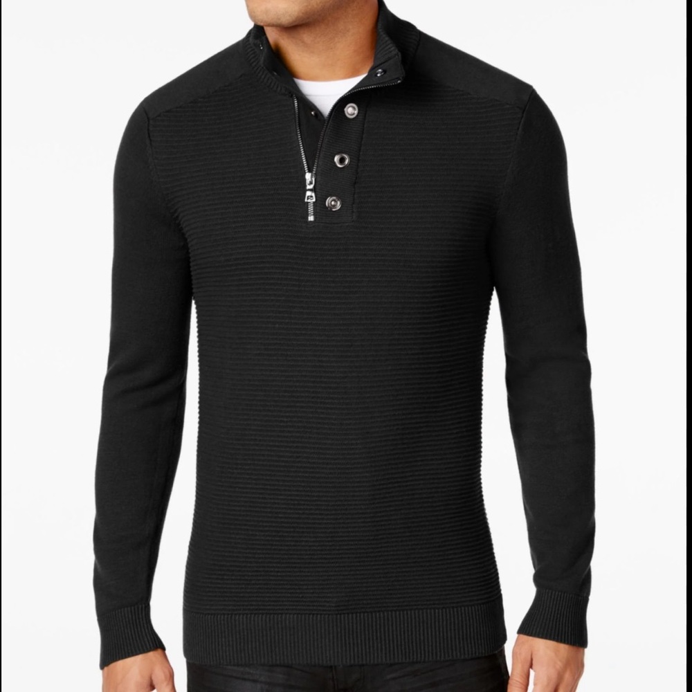INC International Concepts Black Quarter Zip Snap ribbed knit Sweater Medium